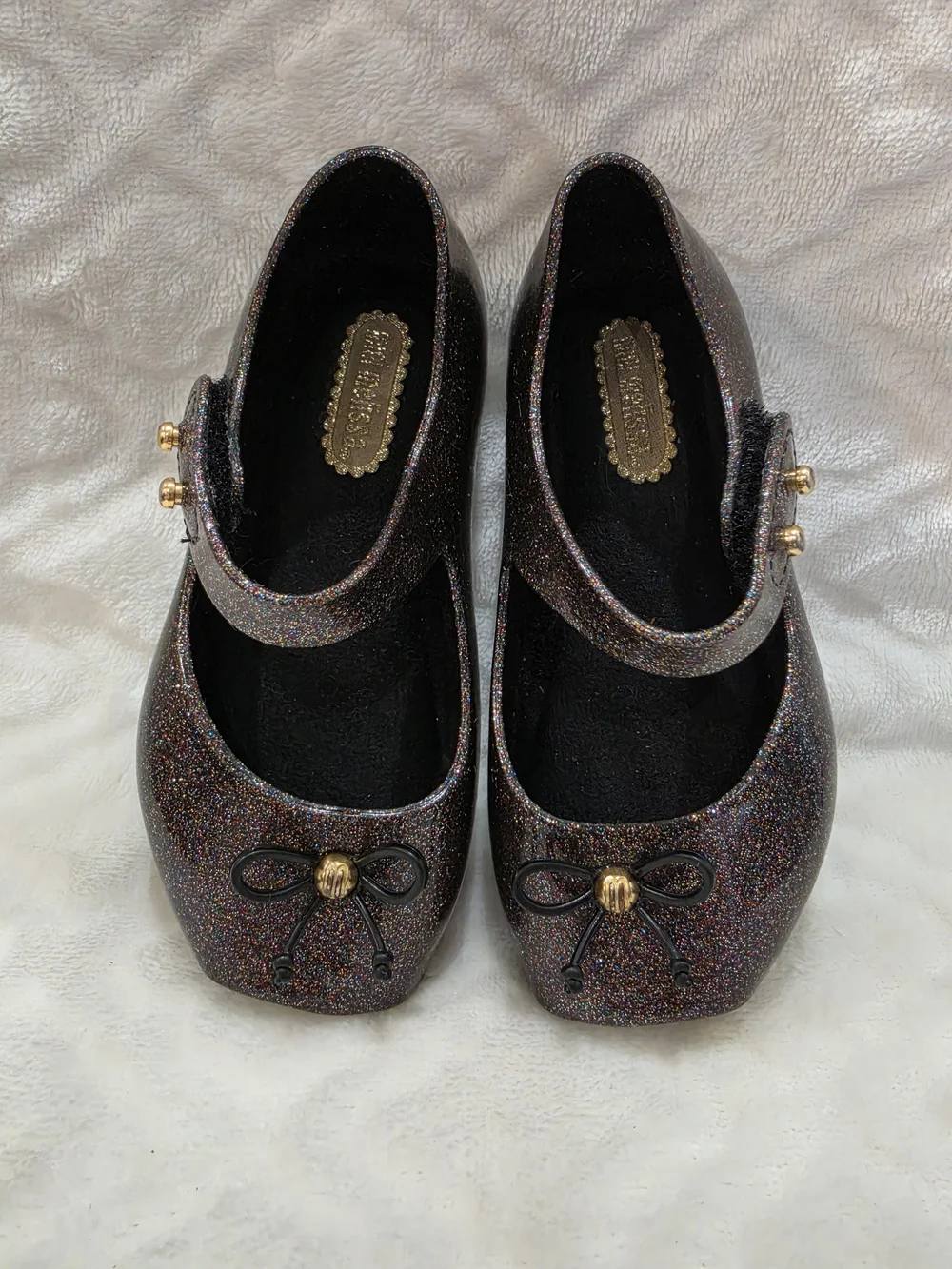 Mini Melissa Kids Sz 6 Toddler. Black Multicolor Glitter Mary Jane Ballet Shoes.